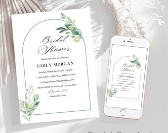 Minimal Bridal Shower Invitation Template Leaves Arch Bridal Shower Invites Canva Template Green Bridal Brunch Invite Editable Card 5x7 in