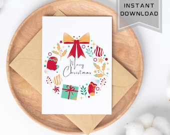 Printable Merry Christmas Card Printable Christmas Wreath Colorful Cute Christmas Card 5X7 Greeting Card Instant Christmas PNG PDF Modern