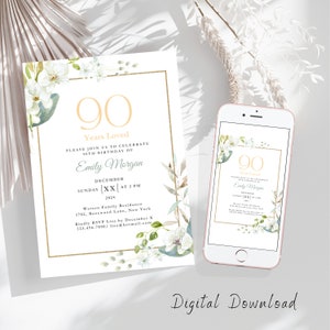 90e verjaardagsuitnodiging, gouden witte negentigste verjaardagskaart uitnodigen 5X7, jaren 90 Party e-Invite Flyer, 90 jaar geliefde bewerkbare Canva-sjabloon
