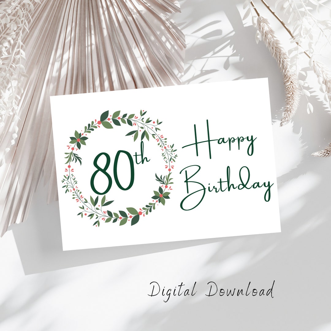 80th Birthday Card Printable Beautiful Wreath 80th Birthday Card for ...