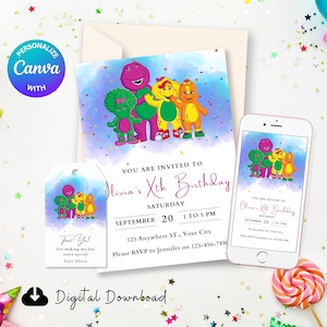 Convite de aniversário do Barney, cartão de aniversário do dinossauro roxo, convite de festa editável DIY Canva, cartão eletrônico personalizado, modelo digital para todas as idades