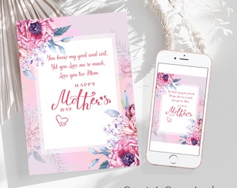 Printable Mother's Day Card, Happy Mothers Day Card Printable, I Love You Mom Card, 5X7 inches Ecard, Mother Daughter Card PDF, Digital Card