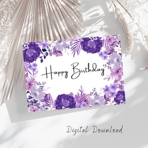 Afdrukbare wilde bloemen verjaardagskaart Afdrukbare verjaardagskaart met bloemen Gelukkige verjaardagskaart Leuke 5x7 wenskaart Violette bloemenkaart afdrukken