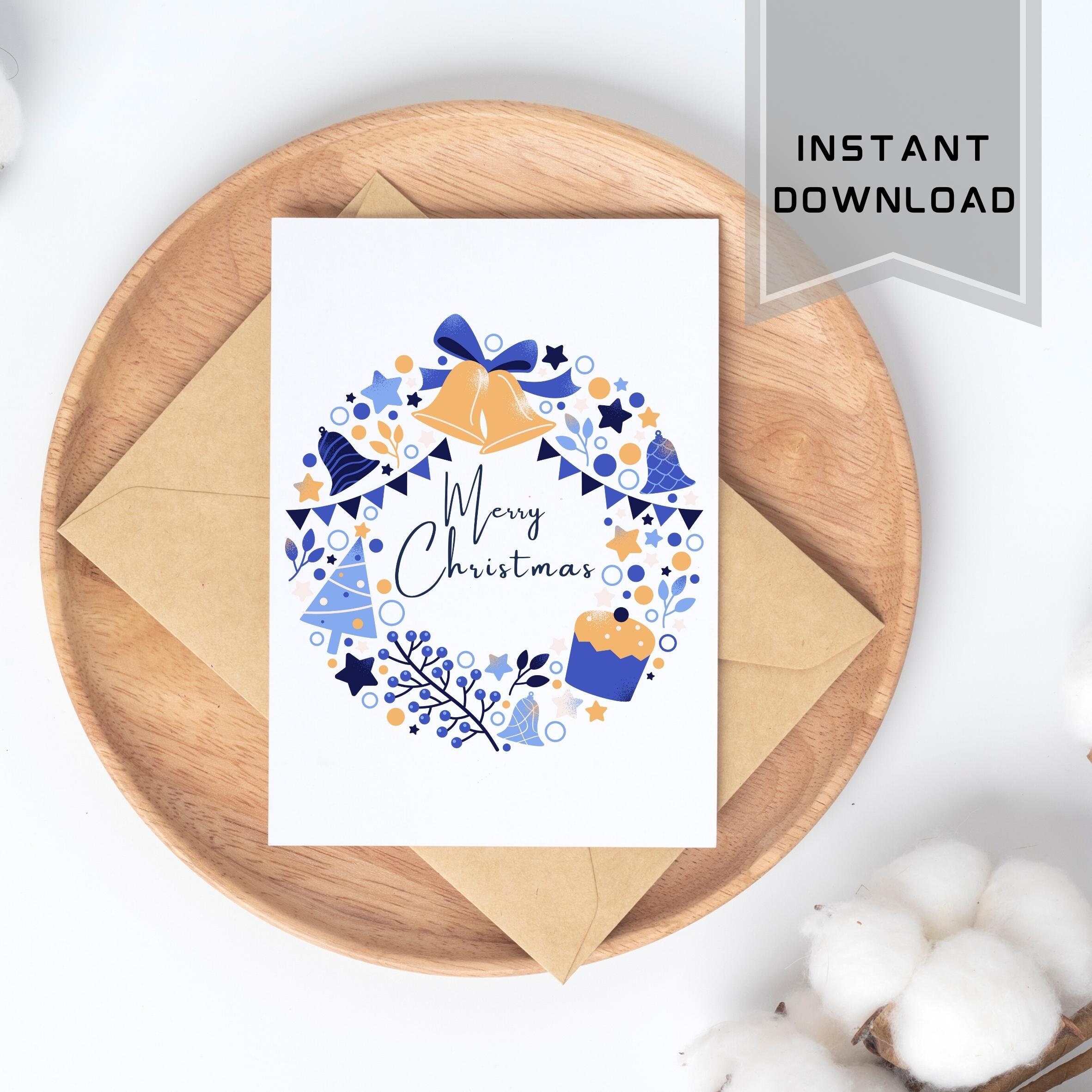Printable Merry Christmas Card Printable Christmas Wreath Blue Cute