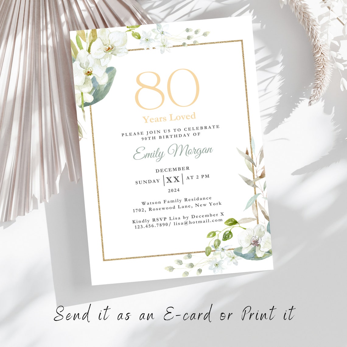 80th Birthday Invitation, White Floral Eightieth Card E-invite 5X7, 80s ...