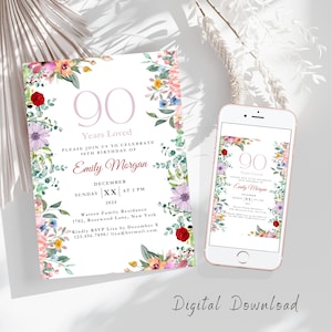 Floral 90e verjaardagsuitnodiging Kleurrijke negentigste kaart e-uitnodiging 5X7 90s Party Uitnodigen Flyer 90 jaar geliefde bewerkbare verjaardag Canva-sjabloon
