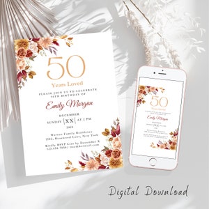 50e verjaardagsuitnodiging, rode bloemen vijftigste kaart e-invite 5 x 7, 50s feestuitnodiging flyer, 50 jaar geliefd bewerkbare verjaardag Canva-sjabloon