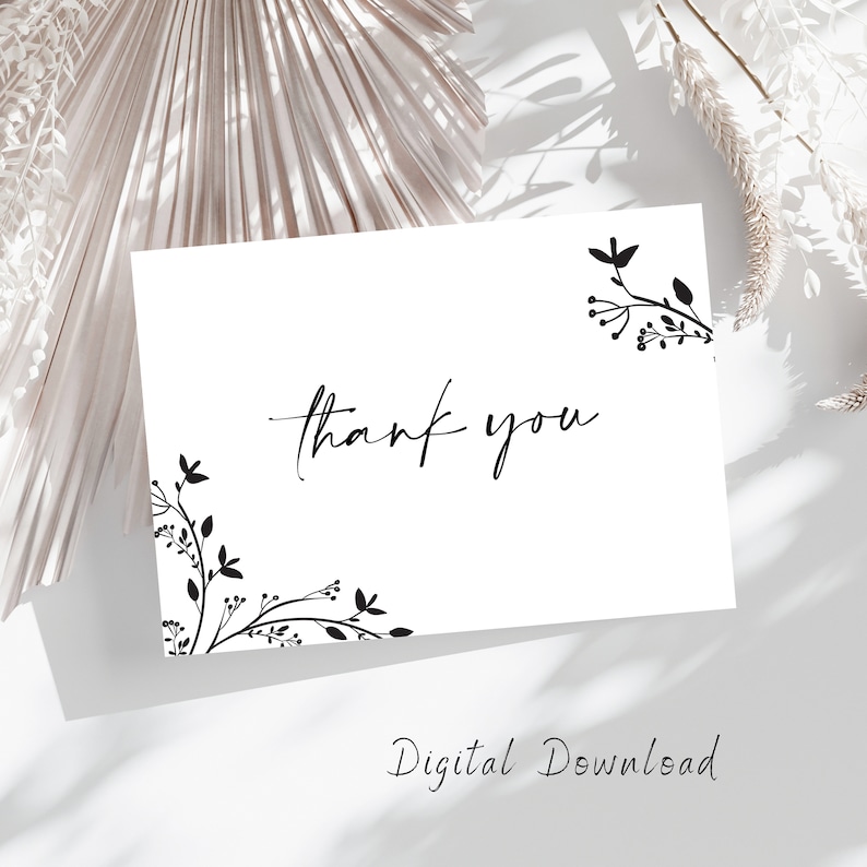 Black Floral Thank You Card Printable Thank You Note Wildflower Thank You Modern Thank You Simple Thank You Floral Printable Card Folded image 1