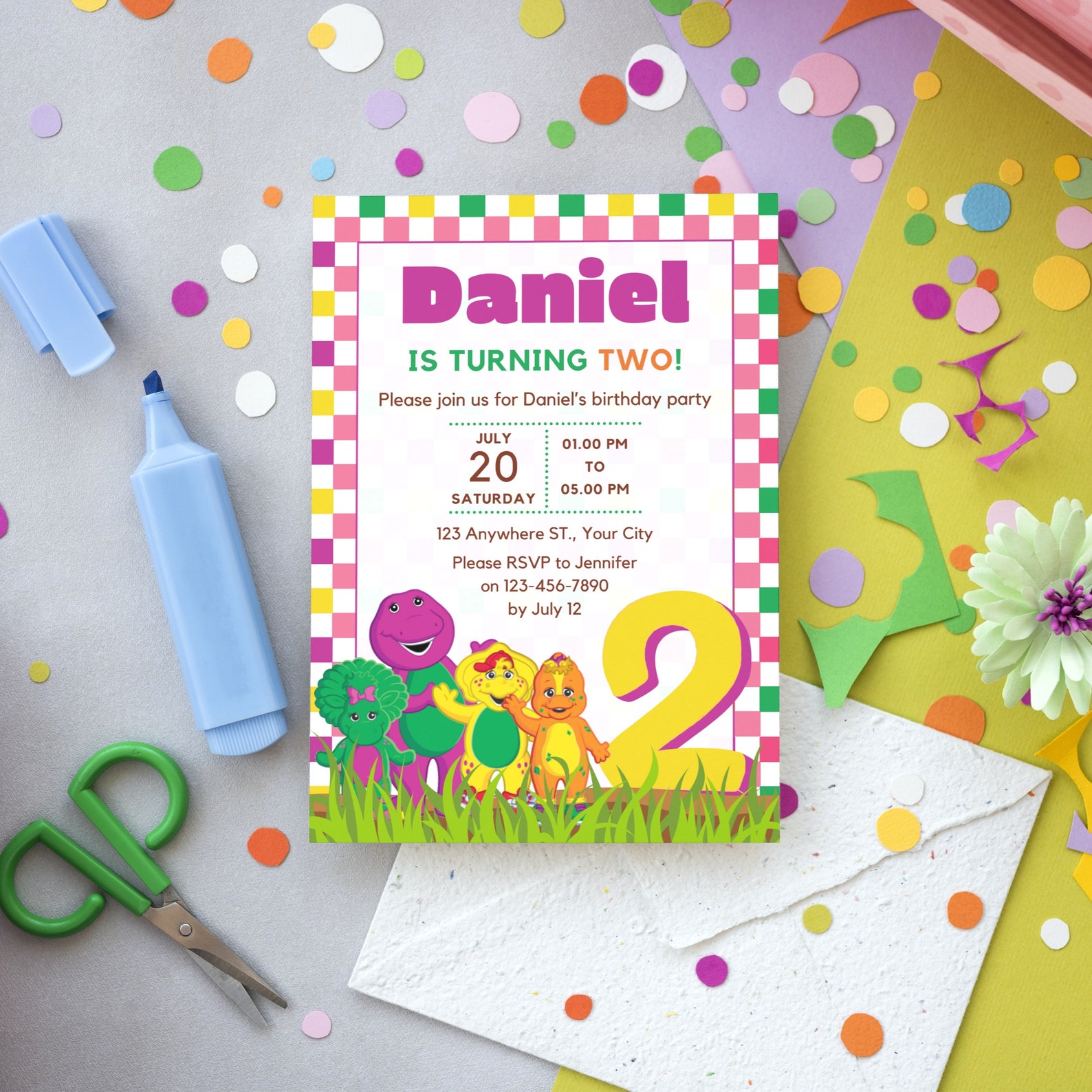 Barney Invitation Purple Dinosaur Second Birthday 5X7 Card DIY Canva