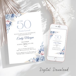 Invitación de cumpleaños número 50, invitación electrónica de la quincuagésima tarjeta azul polvorienta 5X7, folleto de invitación a la fiesta de los años 50, plantilla de Canva de cumpleaños editable de 50 años de amor