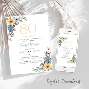Faire-part 80e anniversaire, invitation électronique florale jaune des quatre-vingt-dix-septième carte 5 x 7, dépliant d'invitation fête des années 80, modèle de toile modifiable anniversaire 80 ans aimé