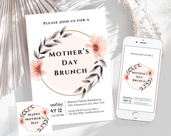 Editable Mother's Day Invitation, Mothers Day Brunch Invitation, Gold Mobile Invite, Free Gift Tag, Personalised Brunch Flyer Canva Template