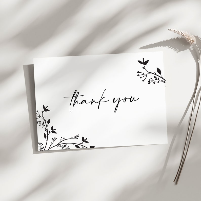 Black Floral Thank You Card Printable Thank You Note Wildflower Thank ...