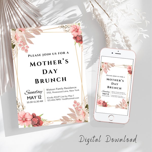 Mothers Day Brunch Invitation Template Pink Floral Mothers Day Invitation Personalized Mother's Day Brunch Invite, E-Invite Canva Editable