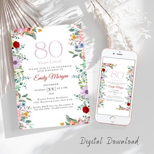 80th Birthday Invitation, Colorful Floral Eightieth Card e-invite 5X7, Party Invite Flyer, 80 Years Loved Editable Birthday Canva Template