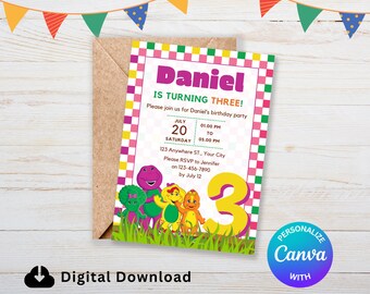 Barney Invitation Purple Dinosaur Third Birthday 5X7 card DIY Canva Editable Party Invite Personalised Ecard Template Digital Download