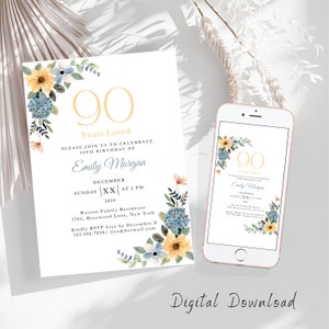 Floral 90e verjaardagsuitnodiging, gele negentigste kaart e-uitnodiging 5X7, jaren 90 feestuitnodiging Flyer, 90 jaar geliefde bewerkbare verjaardag Canva-sjabloon