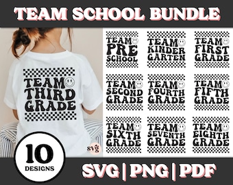 Retro Team Grade Svg Bundle, Retour à l'école Svg Bundle Retro, Premier jour d'école, Équipe 2e année, 3e, 4e, 5e, School Vibes Svg, Smiley