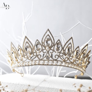 Elegant Gold Pearl Tiara, Vintage White Pearl Gold Crown, Princess Wedding Gold Crystal Prom Tiara, Pageant Women Pearl Gold Tiara, Gift Her