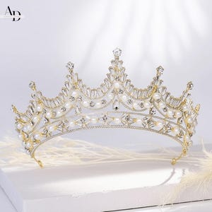 Gold Bridal Tiara Pearl Gold Bridal Crown Crystal Silver Tiara Wedding Tiara Cz Tiara Crystal Bridal Headband Communion Crown Princess Tiara