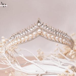 Gold pearl Vintage Tiara, Crystal Silver Tiara, Pearl Bridal Tiara Crown, Prom Wedding Hair Tiara Crown, Crystal Bride Crown, Hair Jewelry