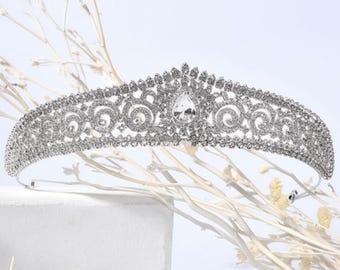 Bridal Silver Art Deco Crystal Star Tiara Bridal Crown Clear gems Birthday Wedding Gift Diadem Vintage prom Silver Bride Crown Hair Jewelry