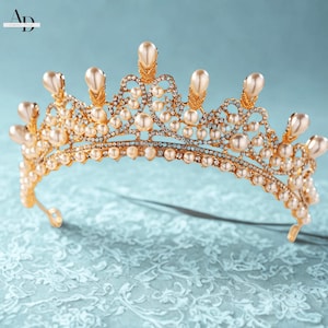 Luxury Swarovski Crystals Pearl Queen Tiara, Bridal Crown Tiara, Pearl Wedding Tiara, Crystal Ivory Wedding Crown,Gold Pearl Tiara For Bride