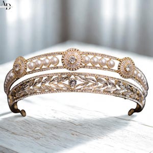 Bridal Gold Pearl Tiara Crown, Bride Vintage Gold Silver Hair Tiara, Wedding Tiara Jewelry, Gold Silver Pearl Tiara, Crystal Headband, Tiara
