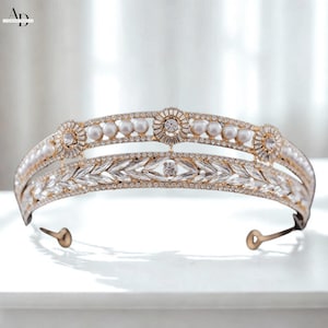Bridal Gold Pearl Tiara Crown, Bride Vintage Gold Silver Hair Tiara, Wedding Tiara Jewelry, Gold Silver Pearl Tiara, Crystal Headband, Tiara
