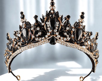 Zwarte bruids tiara, gotische zwarte kroon, Halloween bruiloft kroon, kroon kostuum tiara, gouden bruids tiara, groene hoofdband zwarte kroon