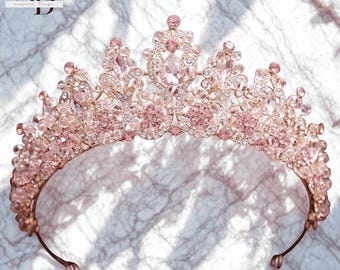 Tiara de cristal artesanal para noivas: coroa de casamento dourada, rosa e prateada