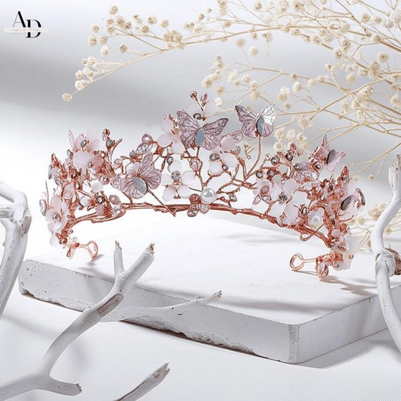 Bridal Gold Vintage Butterfly Tiara Crown, Bride Flower Rose  display picture 1