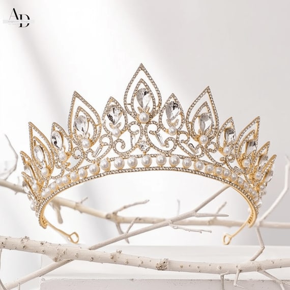 Handmade Gold Crystal Pearl Tiara, Bridal Wedding Crown - Etsy display picture 1