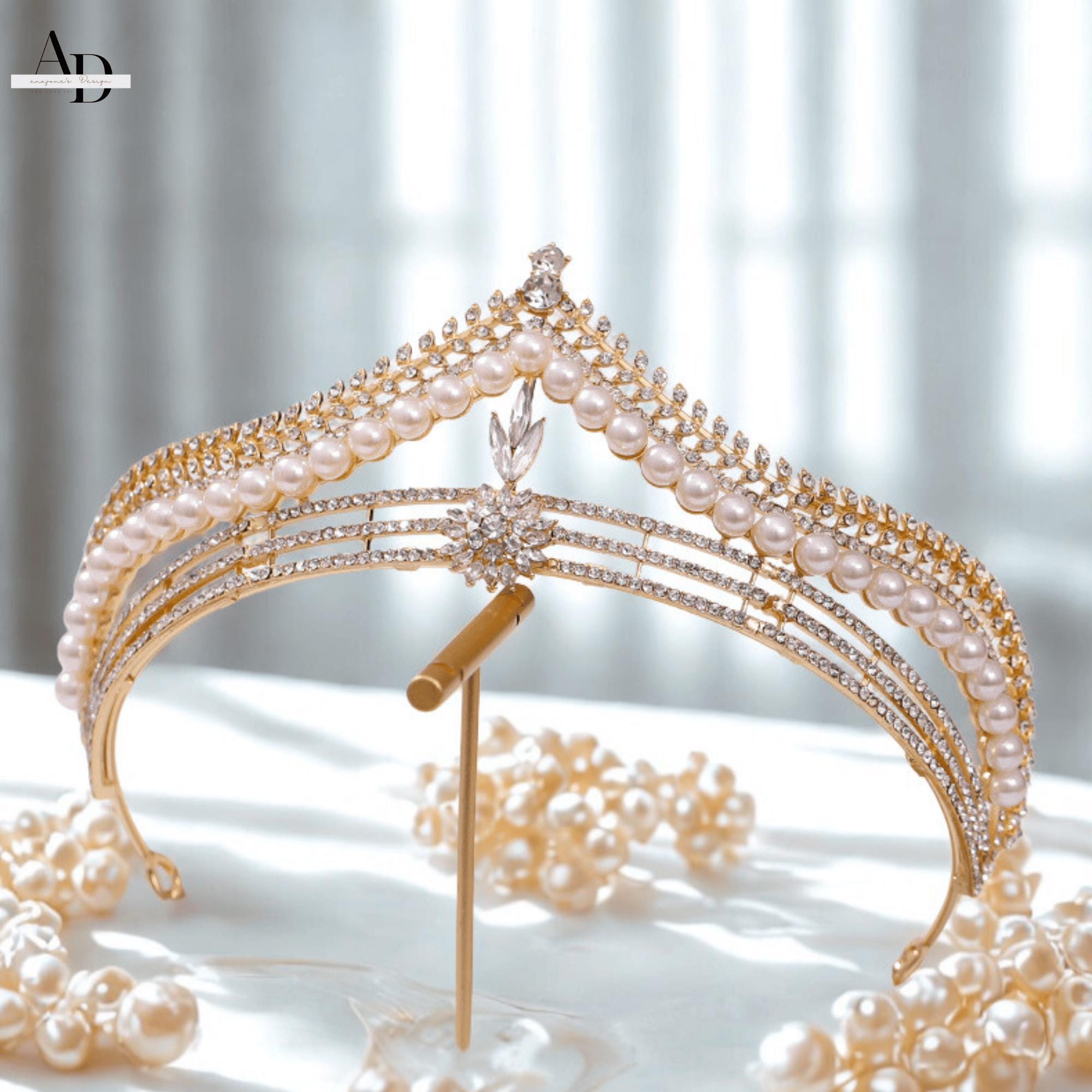 Gold Crystal Pearl Wedding Tiara: Handmade Bridal Crown - Etsy display picture 2