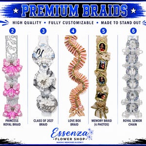 May include: A display of seven decorative homecoming braids labeled Premium Braids. Styles include Classic Loop Deluxe, Princess Royal, Class of 2027, Love Box, Memory Braid with four photo frames, Royal Senior Chain, and Multi-Loop Braid.