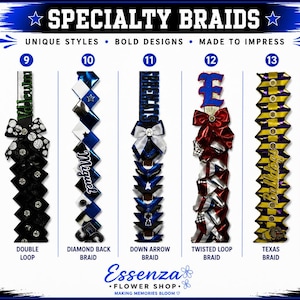 May include: A display of seven vertical specialty braids labeled 8 through 14, featuring various ribbon patterns, colors, and decorative accents. The text reads SPECIALTY BRAIDS, UNIQUE STYLES, BOLD DESIGNS, MADE TO IMPRESS, and ESSENZA FLOWER SHOP.