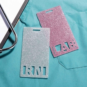 Custom Glitter RN Badge Buddy | Nurse id Tag | Personalized Hospital Badge Holder for rn, pct, CVICU, NICU & More
