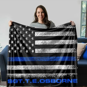 Personalized Thin Blue Line Blanket with Name – Perfect Police Officer, Deputy Sheriff, or Law Enforcement Gift for Graduation or Retirement