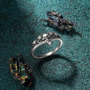 Personalized Sterling Silver Gothic Skull Engagement Ring with Birthstone | Dainty Skeleton Ring | Dark Skull Jewelry