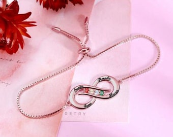 Bracelet Infinity 4 noms personnalisé avec pierres de naissance, argent, or, or rose, personnalisez votre bracelet Infinity