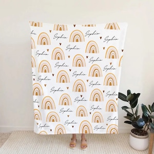 Personalized  Baby Name Blanket, Custom Boho Style Baby Blanket with Rainbow, New Mom and Expecting Mom Gift, Baby Shower Gift