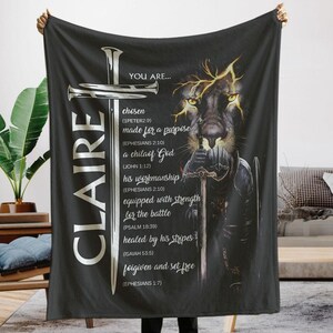 Personalized Christian Blanket: Cross Sword Lion Bible Verse Custom Name Faith Throw