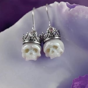 Sterling Silver Pearl Skull Earrings with Crowns | Gothic Dangle Earrings | Carved Pearl Skeleton Jewelry Gifts for Women