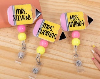 Personalized Pencil Glitter Badge Reel | Teacher ID Holder