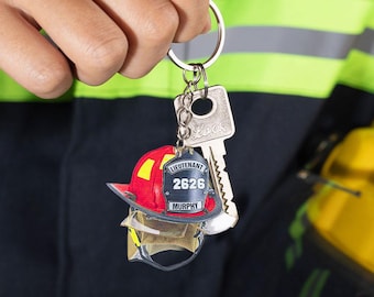 Personalized Firefighter Helmet Keychain: Custom Name & Number, Stainless Steel Car Charm