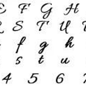 May include: A black and white image of the English alphabet in cursive script, including uppercase and lowercase letters, as well as numbers 0 through 9.