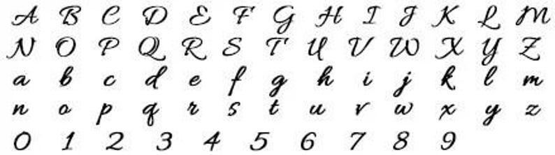 May include: A black and white image of the English alphabet in cursive script, including uppercase and lowercase letters, as well as numbers 0 through 9.