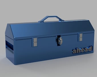 May include: A blue metal toolbox with a handle and a latch. The word "ahead" is printed on the side of the toolbox.