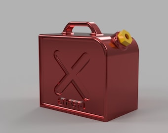 May include: A red metal gas can with a yellow cap and a black "X" on the front. The can has the word "ahead" printed on the bottom.
