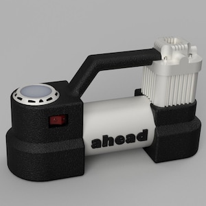 Peut inclure: Un compresseur d'air portable noir et blanc avec une poignée et le mot "ahead" imprimé sur le côté.